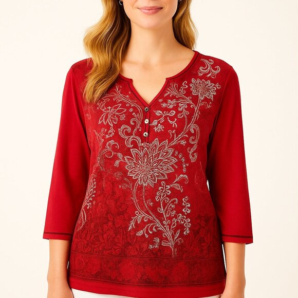 Christopher & Banks Red Paisley Henley Large Boho Whimsigoth Y2K Preppy Top - Picture 1 of 7